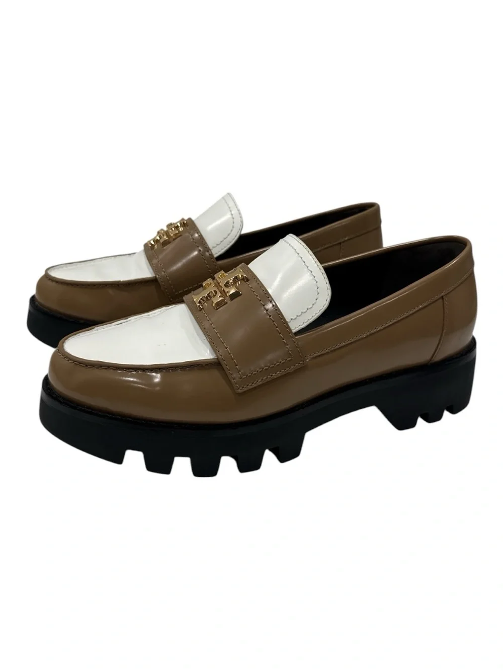 Tory Burch-Inspired White and Brown Lug Sole Loafers size 6 M